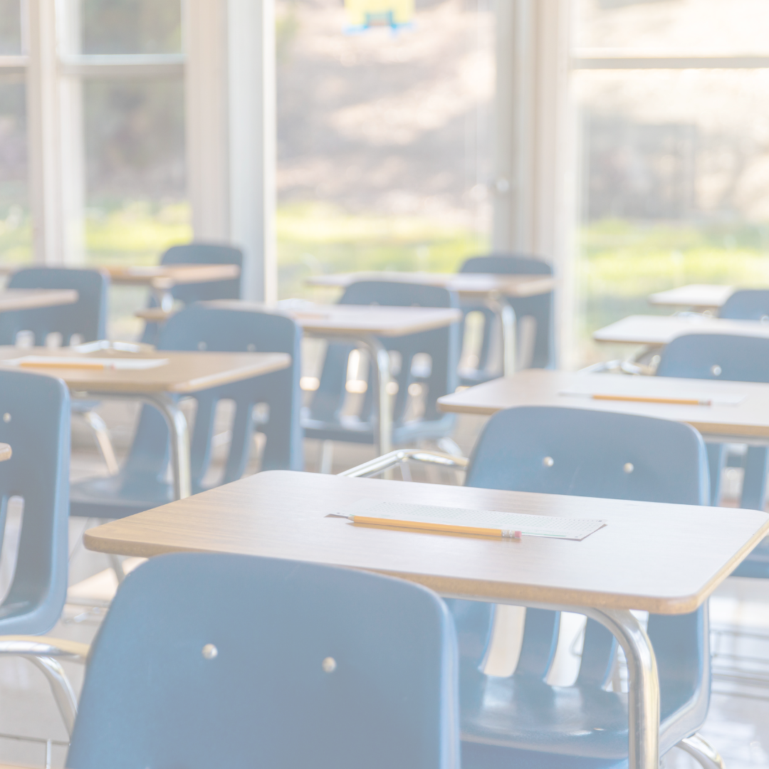 blue chairs in a classroom